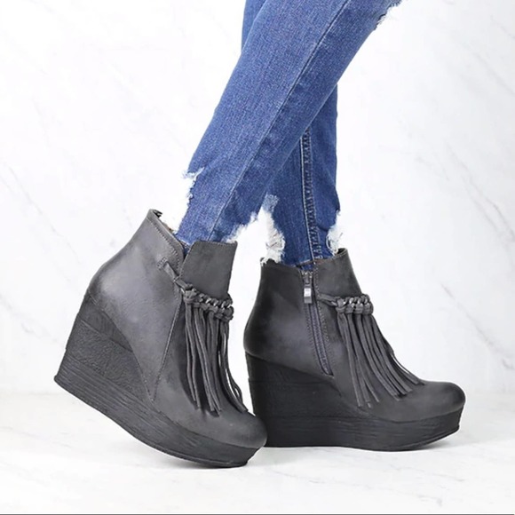 Sbicca Shoes - Sbicca Zepp Wedge Fringe Platform Ankle Booties Dark Grey Size 8.5M